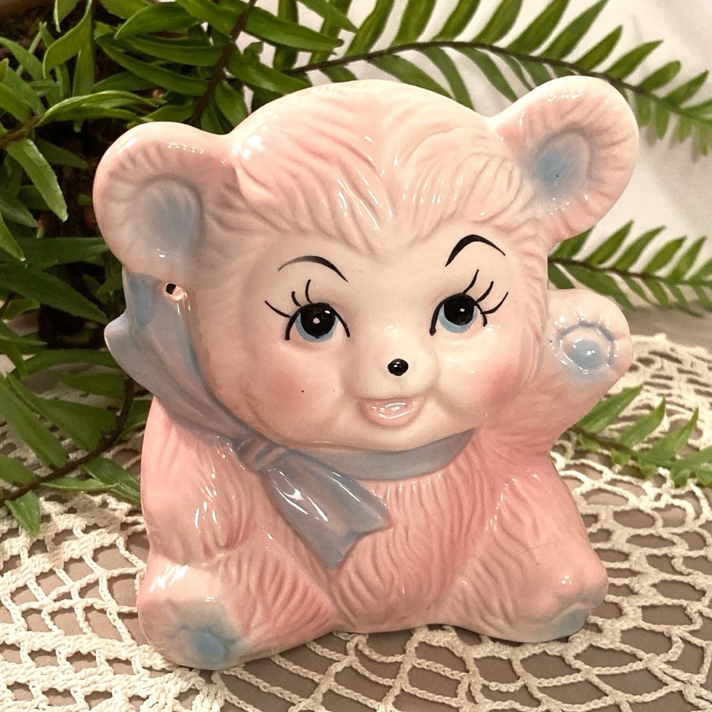 Vintage Pink Teddy Bear With Blue Bow Planter